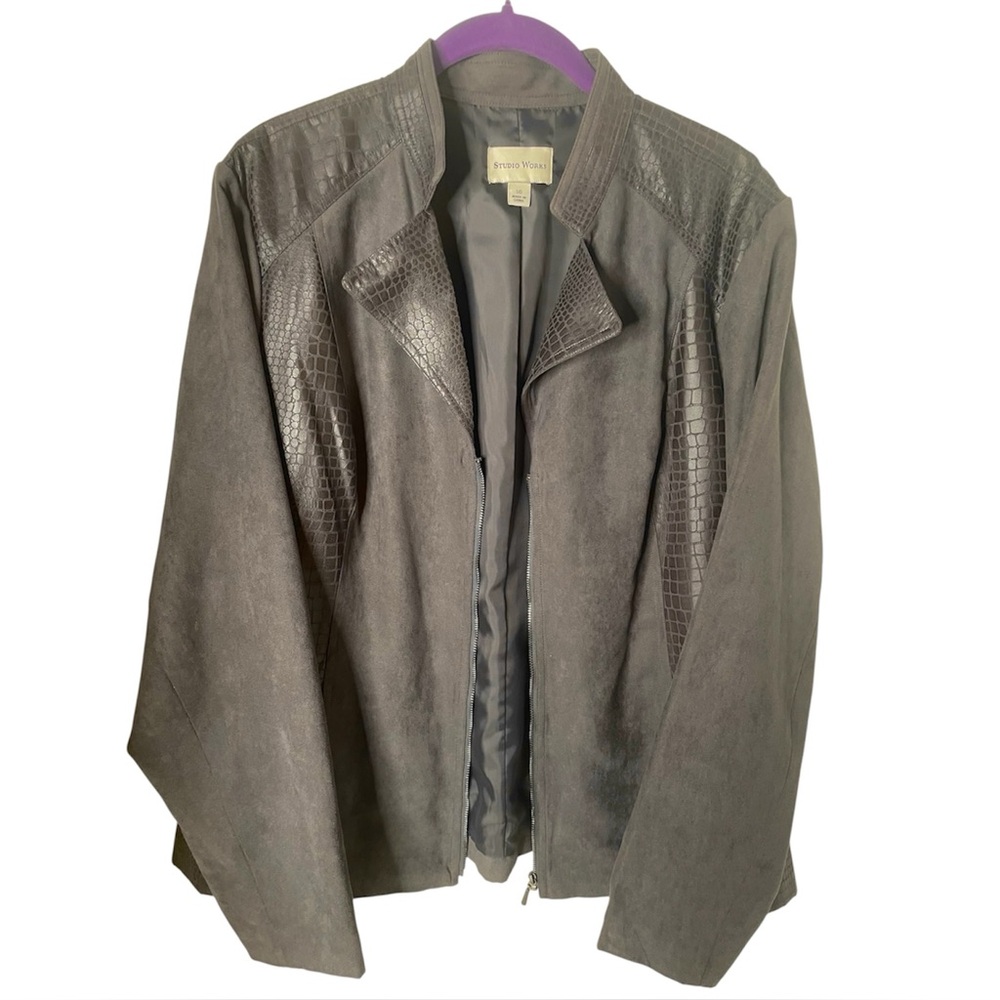 Studio Works Faux Suede Slate Gray Zip Front Blazer/Jacket Sz 16